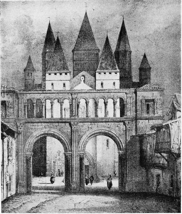 Eine Schwarz-Weiß-Zeichnung einer Burg mit einem prominenten Uhrenturm im Hintergrund, die Menschen am Boden und den Text "Renaissance-Bogen" darunter.