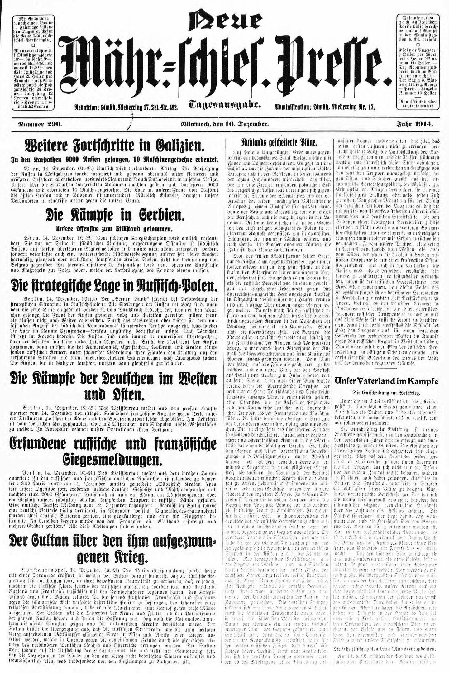 Titelseite einer deutschen Zeitung vom 18. September 1914 mit einem Schwarz-Weiß-Foto eines Mannes im Anzug und Krawatte und der Überschrift "Deutsches Reichstag, Bd. 1, Nr. 1".