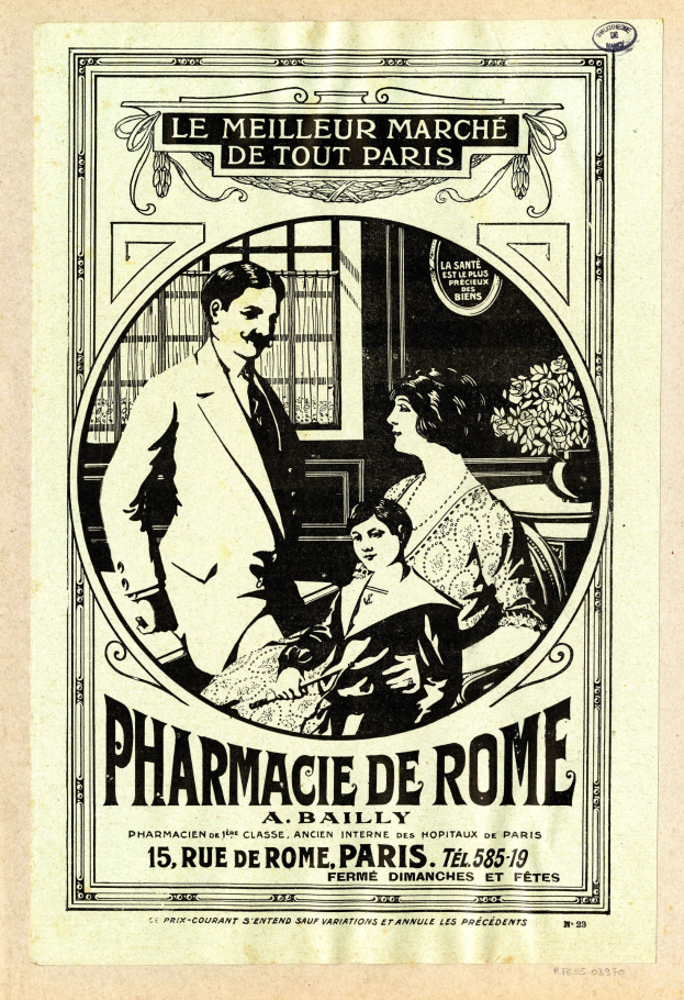 Schwarz-weiß-Werbung für eine Apotheke in Rom mit einem Mann und einer Frau, die nebeneinander stehen, und Text, der die Apotheke und ihre Dienstleistungen beschreibt.