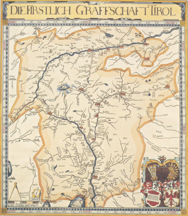 Plakat einer illustrierten historischen Karte der ersten Grafschaft Tirol, das geografische Merkmale, Städte und Textbeschreibungen des Gebiets und seiner Bewohner zeigt.