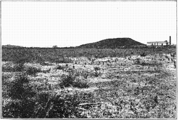 Schwarzes und weißes Foto eines Feldes mit einem Hügel im Hintergrund, einem Gebäude auf der rechten Seite und einem Himmel oben, mit Text unten, der 'New York State Penitentiary' lautet.