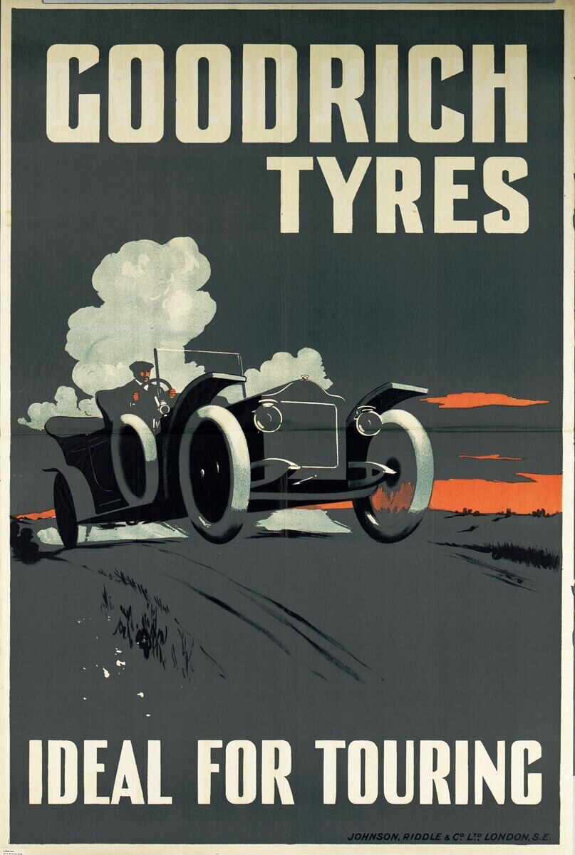 Plakatwerbung Goodrich Reifen mit einem Auto und einer Person darin, mit Text über das Unternehmen und seine Dienstleistungen.