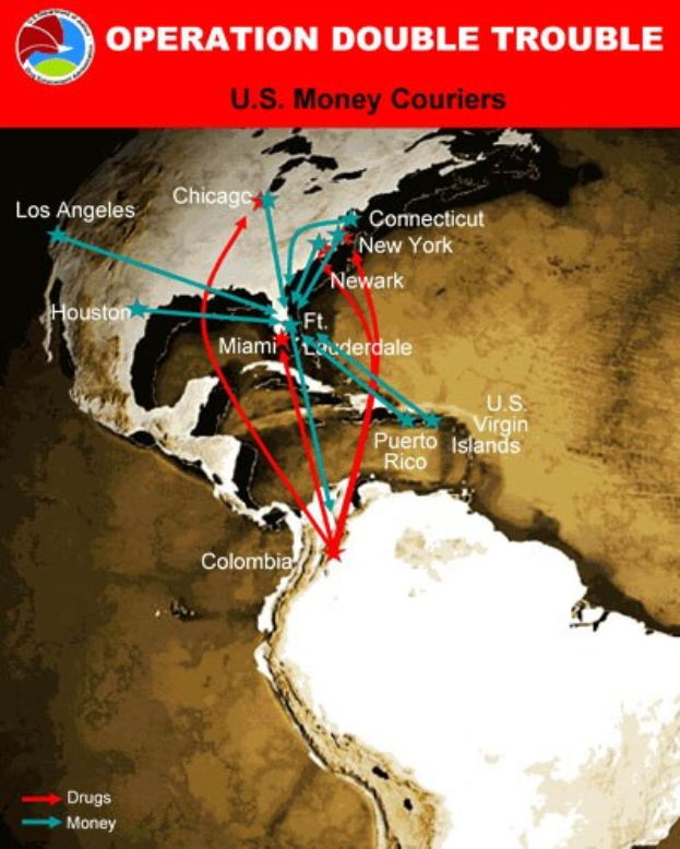 Plakat mit dem Titel "Operation Double Trouble: US-Geldkurier" mit einer Karte der USA, die in zwei Abschnitte unterteilt ist, einer zeigt die Route der US-Geldkurier und der andere zeigt die Standorte der Geldkurier, mit fetter schwarzer Schrift auf einem weißen Rand.