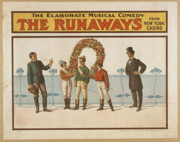 Plakat für "Elaborate Musical Comedy Runaways from New York Casino" mit einer Gruppe von Menschen in einer Reihe, von denen einer einen Strauß hält, und Text, der die Komödie beschreibt.