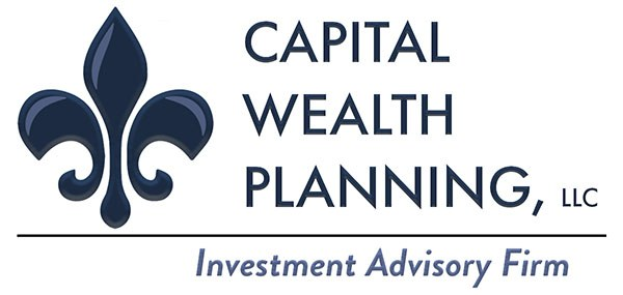 Logo von Capital Wealth Planning, LLC: ein blauer Kreis mit einer weißen Umrandung und einem "C" in der Mitte, umgeben von einem weißen Ring mit der blauen Schrift "Capital Wealth Planning" und weißer Schrift "Investment Advisory Firm" darunter.