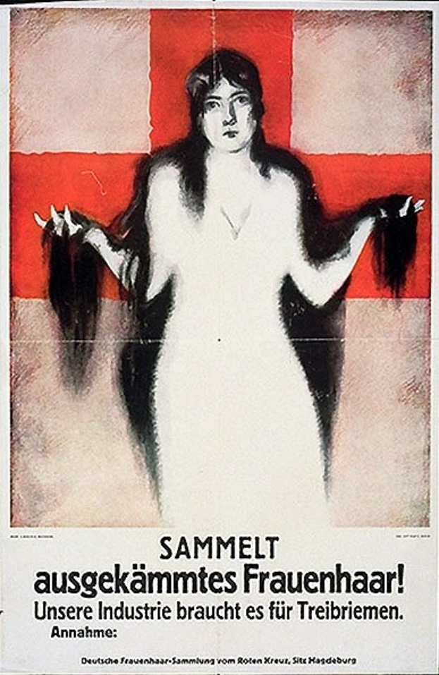 Ein deutscher Propagandaplakat, das eine Frau mit langen Haaren und Text zeigt, der Informationen über sie enthält.
