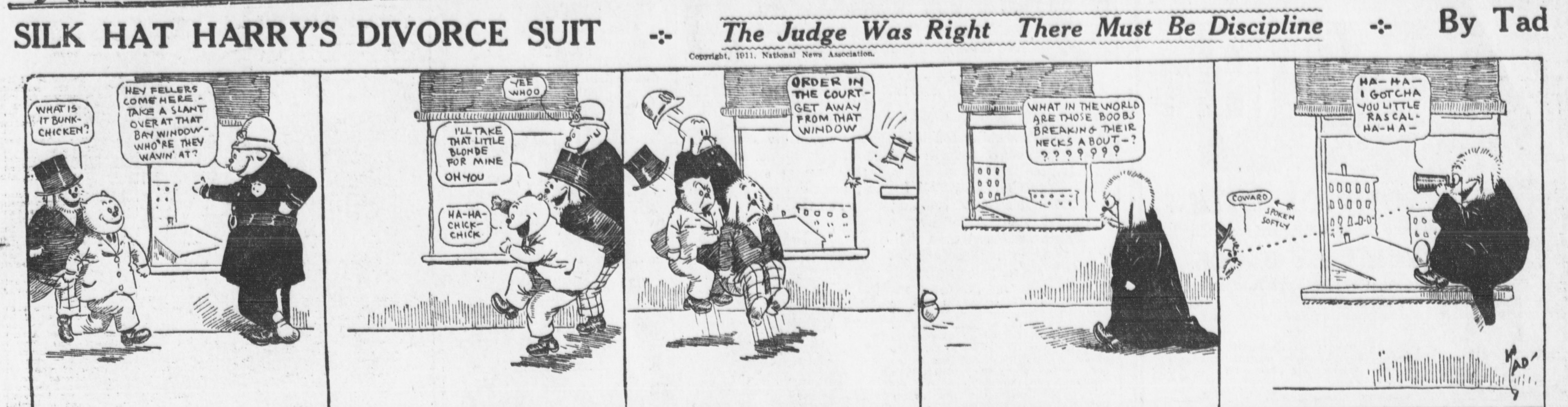 Cartoon-Illustration eines Mannes in einem schwarzen Anzug mit weißem Hemd und schwarzer Krawatte und einer Frau in einem eleganten Kleid mit schwarzer Stola, beide mit ernsten Gesichtern, beschriftet mit "Scheidungskostüm."