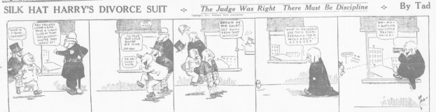 Cartoon-Illustration eines Mannes in einem schwarzen Anzug mit weißem Hemd und schwarzer Krawatte und einer Frau in einem eleganten Kleid mit schwarzer Stola, beide mit ernsten Gesichtern, beschriftet mit "Scheidungskostüm."