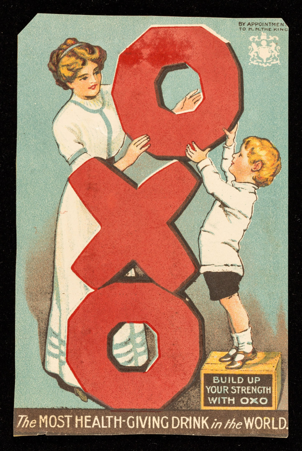 Ein Plakat, das eine Frau und einen Jungen zeigt, die nebeneinander stehen und jeweils eine große Zahl halten, mit dem Text "Das gesündeste Getränk der Welt."