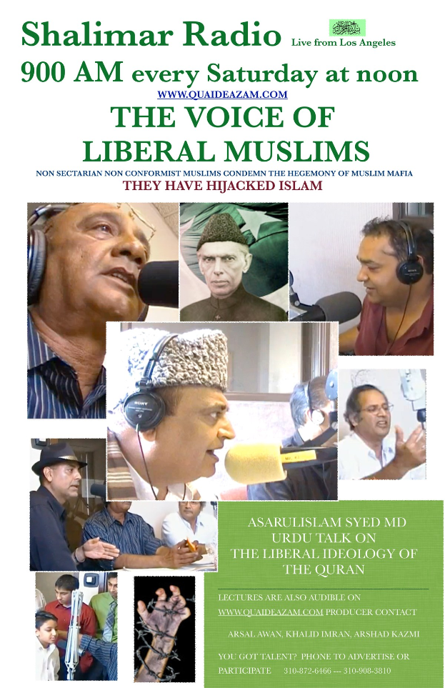 Plakat, das eine Radiosendung mit dem Titel "Die Stimme liberaler Muslime" ankündigt, zeigt Bilder von Menschen mit Kopfhörern und Mikrofonen in einem Gespräch.
