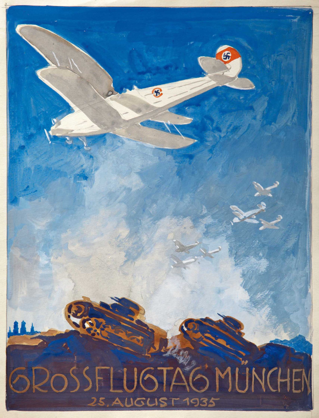Plakat für eine Luftschau in München am 25. August 1935, das Flugzeuge zeigt, die durch den Himmel fliegen, mit zusätzlichen Flugzeugen im Hintergrund.