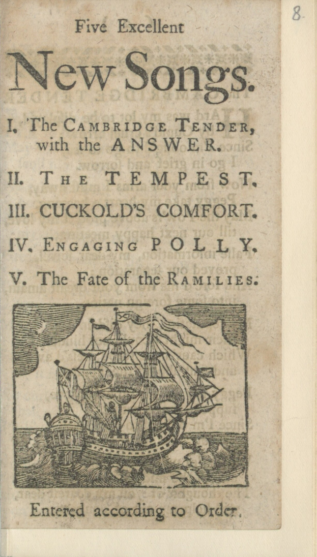 Altes Buchcover mit einer Schiffsdarstellung und der Überschrift "Fünf ausgezeichnete neue Lieder" mit einem blauen Himmel und Wolken im Hintergrund.