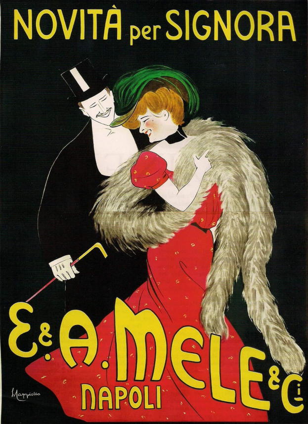 Filmplakat mit einer Frau in einem langen roten Kleid mit hohem Kragen und langen Ärmeln, die vor einem Mann in einem schwarzen Anzug steht, vor einem tiefblauen Hintergrund mit Sternen.