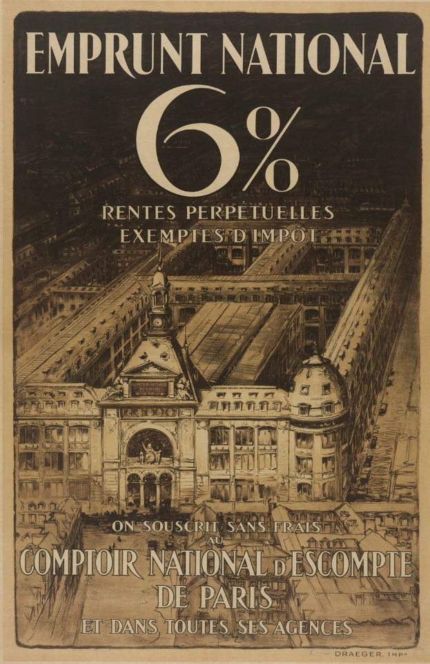 Plakat mit einem zweistöckigen Gebäude mit rotem Dach und weißen Wänden, Text in fetter schwarzer Schrift, der "emprunt national 6% - rentes perpetuelles exemptes impot" auf einem hellblauen Hintergrund liest.