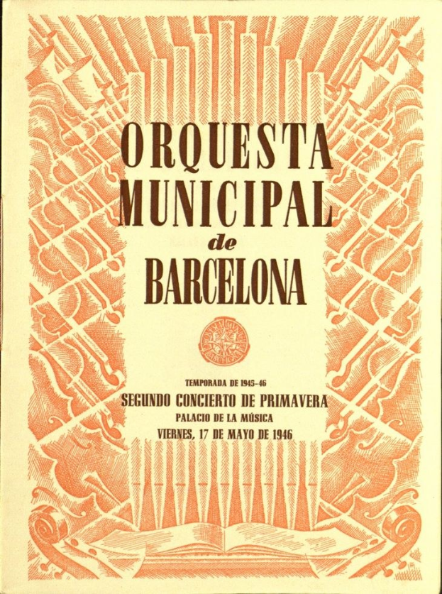 Offenes Buch mit dem Titel "Orquesta Municipal de Barcelona" in fetter schwarzer Schrift und blauen, grünen und gelben Illustrationen auf einer Innenseite.