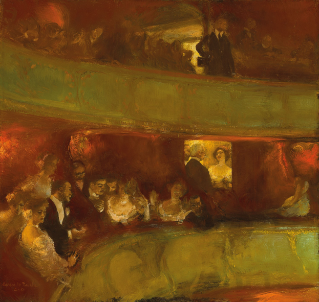 Gemälde einer lebendigen TheaterSzene mit einer vielfältigen Gruppe von formell gekleideten Menschen, die in hellen, neutral getönten Umgebungen stehen und sitzen.