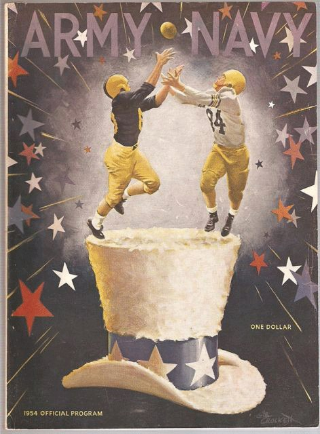 Ein Plakat mit zwei Personen in gelben Uniformen und Helmen, die mit einem Football in die Luft springen, vor einem sternenklaren Hintergrund, mit der Aufschrift "1954 Army Navy Football Program" oben drauf.