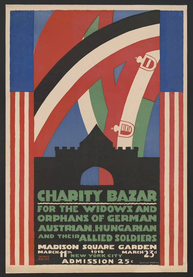 Ein Plakat für einen Wohltätigkeitsbasar, der die Witwen und Waisen von Soldaten verschiedener Nationen unterstützt, mit Text zu den Veranstaltungseinzelheiten.