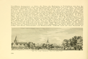 Ein aufgeschlagenes Buch mit einer Stadtansicht-Illustration, das von Gebäuden, Bäumen und Menschen umgeben ist, zusammen mit beschreibendem Text.