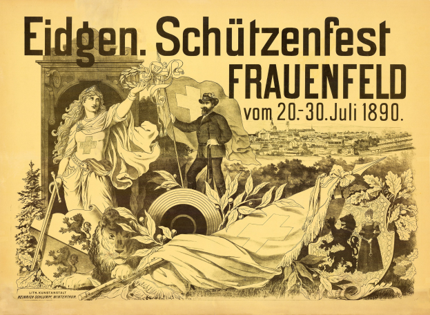 Plakat für das Eidgenössische Schützenfest in Frauenfeld, Deutschland, mit einem Mann im Anzug und einer Frau im Kleid und Ereignisinformationen im Text.