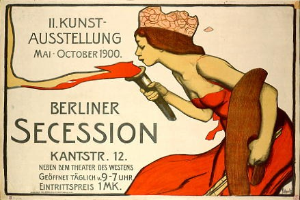 Plakat für die Berliner Secession 1900, das eine Frau in einem roten Kleid zeigt, die ein Objekt hält, mit Text zu den Ereignisdaten.