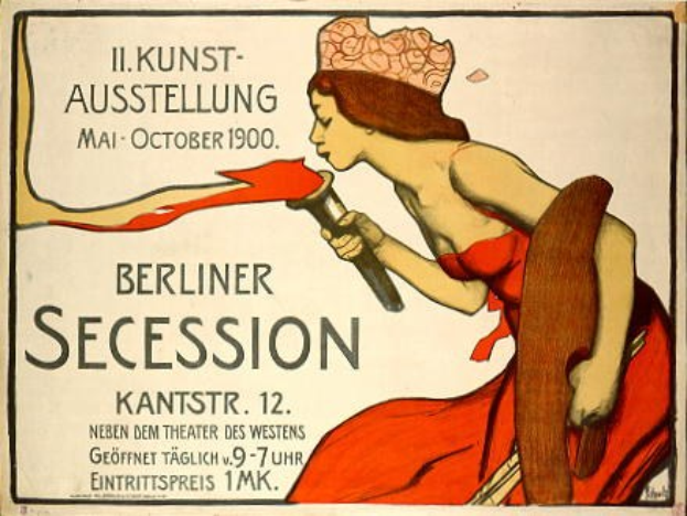 Plakat für die Berliner Secession 1900, das eine Frau in einem roten Kleid zeigt, die ein Objekt hält, mit Text zu den Ereignisdaten.