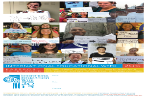 Ein Plakat für die Internationale Bildungswoche 2015, das eine Gruppe von Menschen mit Schildern zeigt und Text enthält, der Informationen zum Event enthält.