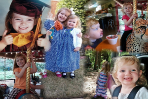 Ein Collage-Bild mit Vergnügungspark-Fahrgeschäften, einem Tisch mit Lebensmitteln einschließlich einer Tasse und einem Löffel, verschiedenen Gegenständen, Lichtern, einer Wand, Büschen, Bäumen, Gras, einem Seil und einem Hut.