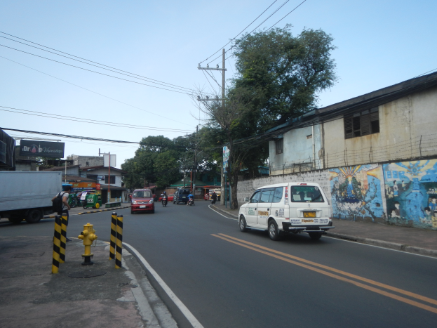 Eine Stadtstraße mit Autos, Lastwagen, einem Hydranten, Pollern, Gebäuden mit Fenstern, Bäumen, Strommasten mit Drähten und einem Himmel im Hintergrund.