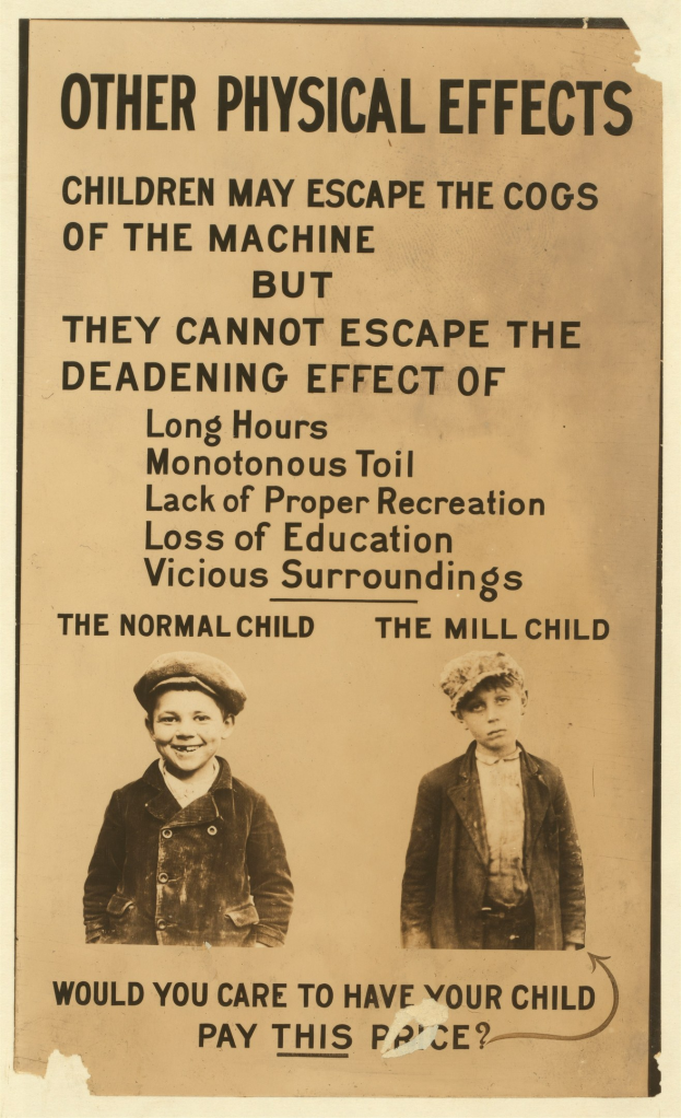 Zwei Jungen mit menschlichen Gesichtern stehen nebeneinander auf einem Plakat mit der Aufschrift "Andere körperliche Auswirkungen, die Kinder den Maschinen entkommen können", ihr entschlossener Gesichtsausdruck suggeriert Bereitschaft für Herausforderungen.