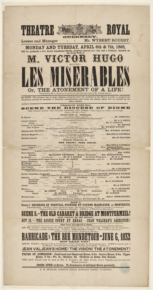 Schwarze und weiße Zeitungsanzeige für das Theatre Royal, London, wahrscheinlich zur Bewerbung des Stücks "Les Misérables."