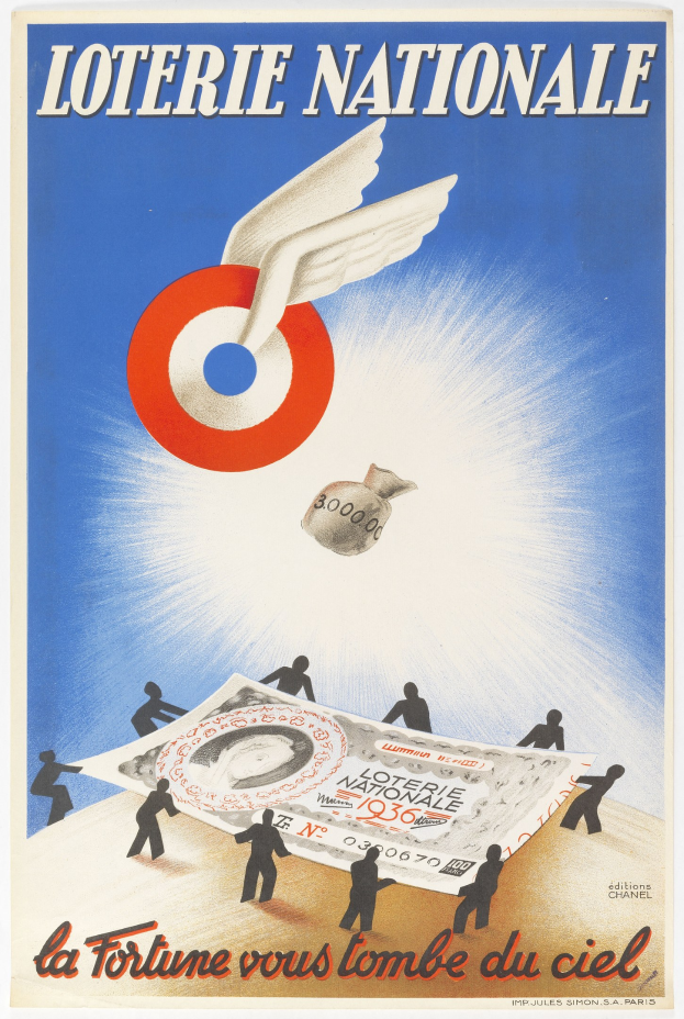 Ein Plakat für eine nationale Lotterie mit einem Bild eines Vogels, der über einen Geldhaufen fliegt, mit Werbetext.