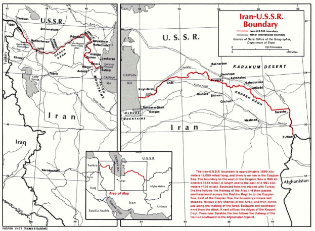 Detailierte Kartenvorlage des iranisch-sowjetischen Grenzverlaufs, die geografische Merkmale, Landesgrenzen und Text mit zusätzlichen Grenzinformationen zeigt.