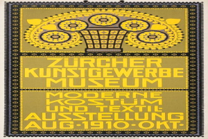 Ein Plakat für das Zücher Kunstgewerbe Museum in Berlin, Deutschland, 1910, mit einem gelben Hintergrund, einer schwarz-weißen Illustration eines Museumsgebäudes und der Schrift "Zürcher Kunstgewerbe Museum" in fetter schwarzer Schrift.