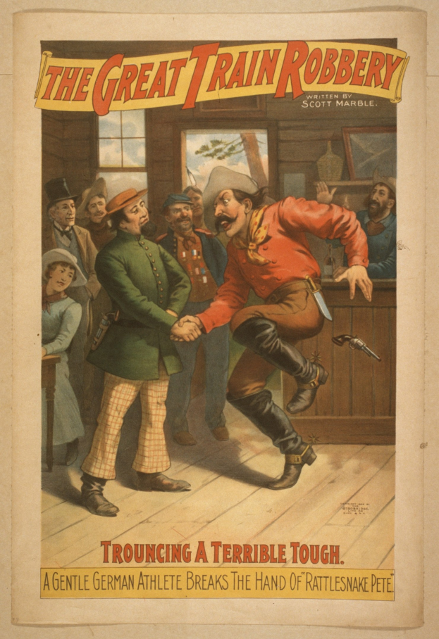 Plakat für "Die große Eisenbahnraub" zeigt eine Gruppe von Menschen, von denen einer eine Waffe hält, ein Fenster und eine Wand im Hintergrund und Text oben und unten.