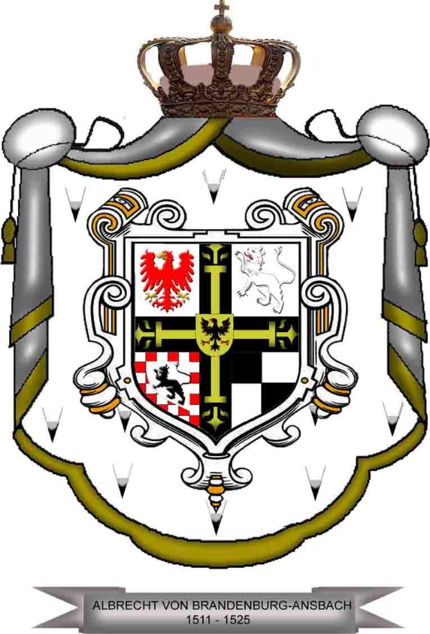 Wappen von Brandenburg-Ansbach mit einem gekrönten Schild mit einem springenden Löwen links, einem Chevron rechts und dem Wort "Brandenburg" in fetter schwarzer Schrift darunter.