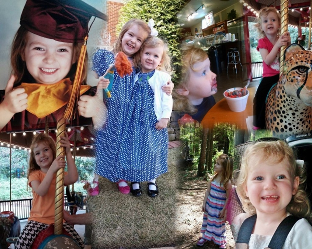 Collage mit lustigen Fahrgeschäften, Kindern an einem Tisch mit Essen, Besteck, umgeben von Lichtern, Grün, einem Seil und einem Hut.