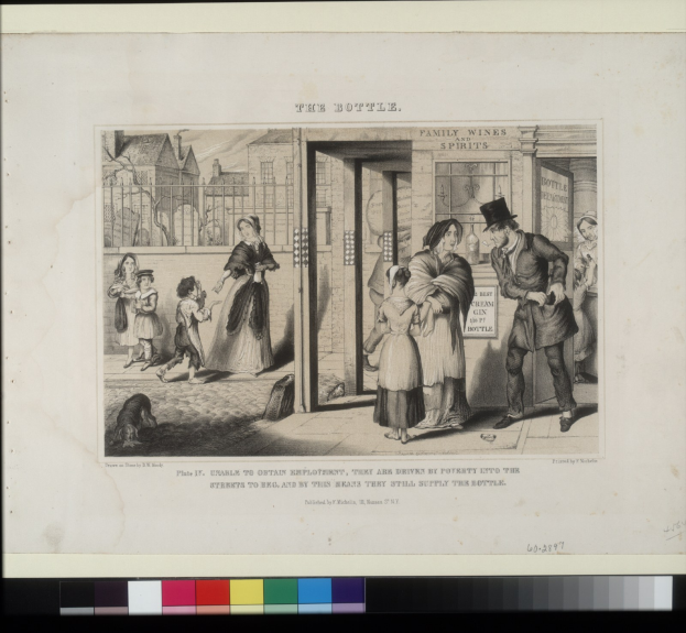 Gruppe von Menschen vor einem Gebäude mit einem Hund zu ihren Füßen, haltend ein Papier mit Text und Farboptionen am unteren Rand.