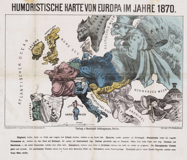 Plakat mit der Bezeichnung "Humoristische Karte von Europa im Jahre 1870", das eine Karte von Europa mit Cartoon-Bildern zeigt.
