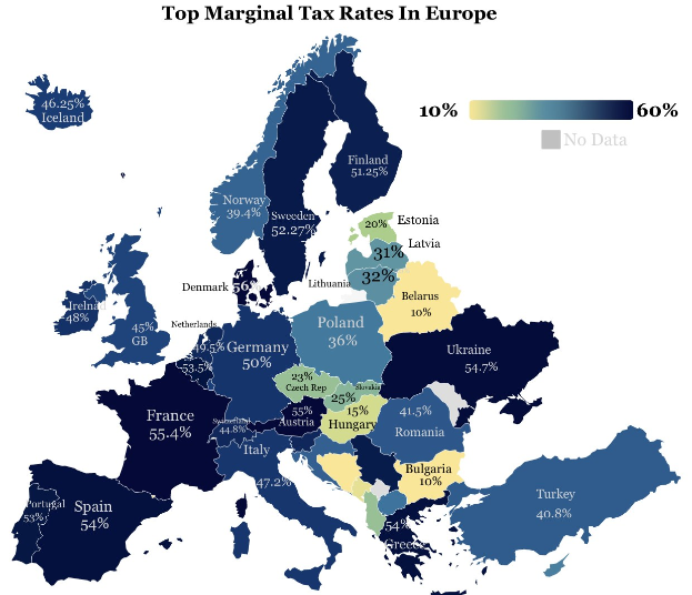 Eine Europakarte, die die höchsten Steuersätze je Land anzeigt, mit der Überschrift "Höchste Steuersätze in Europa".