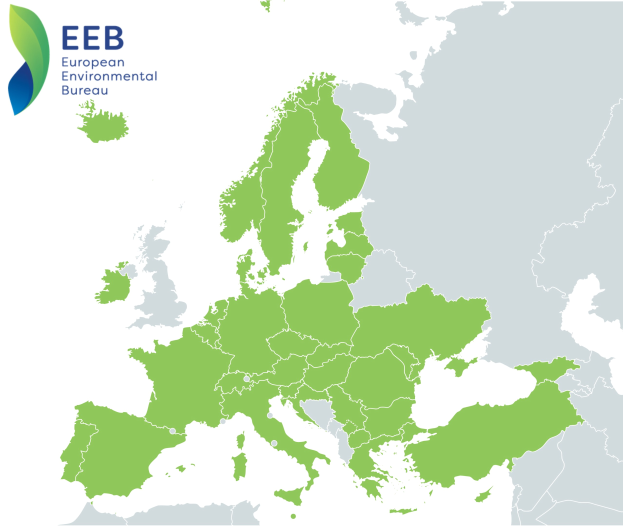 Eine Karte von Europa mit dem Logo der Europäischen Umweltbehörde in der oberen linken Ecke, die in verschiedenen Grüntönen schattiert ist, um die EU-Regionen anzuzeigen.