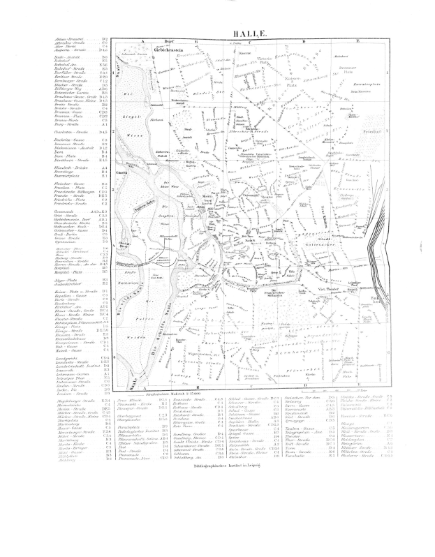 Schwarz-weiß-Karte von Halle, Deutschland, mit detaillierten Textbeschriftungen und Stadtplan.