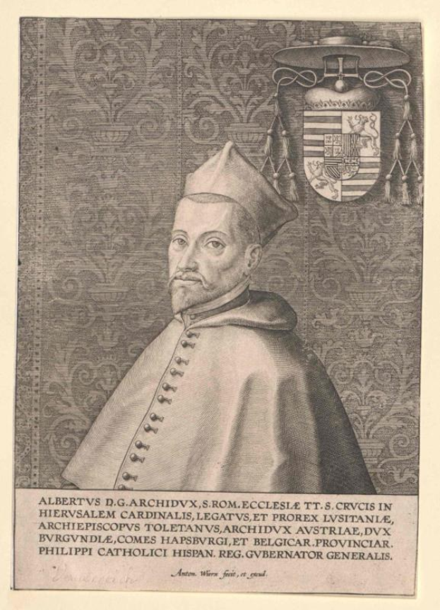 Gravur eines Mannes in Priestergewand und Hut, beschriftet mit Albrecht D., mit einem Wappen im Hintergrund und Text 'Erzbistum' unten.