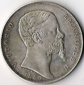 Silbermünze aus Italien (1859) mit dem Bild eines bärtigen Mannes, mit der Aufschrift "Vittorio Emanuele II" auf einem weißen Hintergrund.