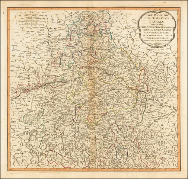 Ein gerahmtes Bild der Wahlkreise Bayerns, das deutsche und österreichische Provinzen zeigt.