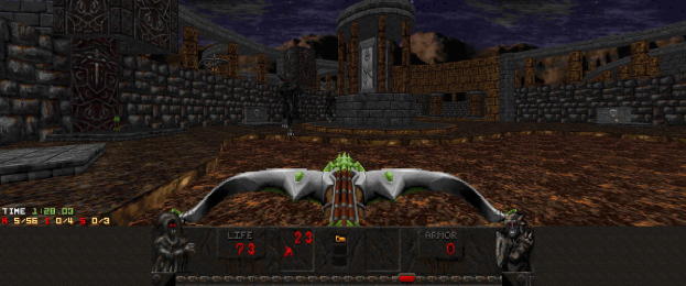 Eine Dungeon-Szene in *Dungeon Master II* mit einem von Wänden, Säulen und Gegenständen umgebenen Drachen.