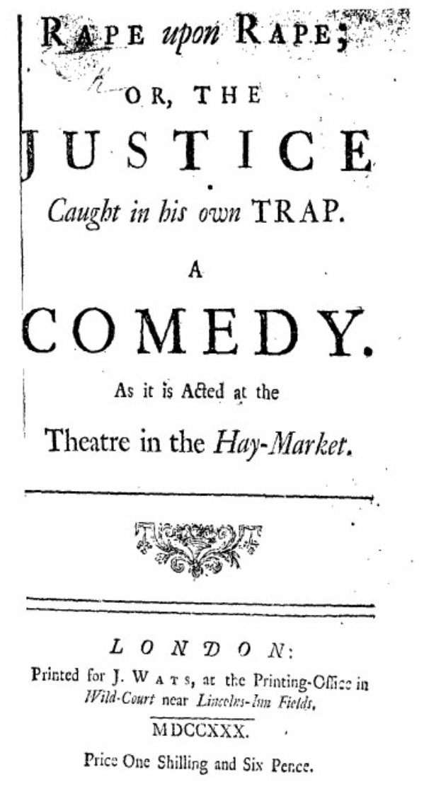 Schwarzer und weißer Plakat mit fetter schwarzer Schrift, die "Vergewaltigung auf Vergewaltigung oder die Gerechtigkeit, die in ihrer eigenen Falle gefangen ist", wahrscheinlich für eine Comedy-Show wirbt.