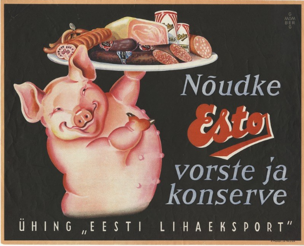 Ein Plakat mit einem Cartoon-Schwein, das einen Teller mit verschiedenen Lebensmitteln hält.