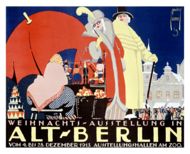 Ein Plakat, das eine Zirkusveranstaltung in Berlin ankündigt, mit einer farbenfrohen Illustration von Menschen, Gebäuden und anderen Gegenständen und der Aufschrift "Weihnachtsausstellung in Alt-Berlin" quer darüber.