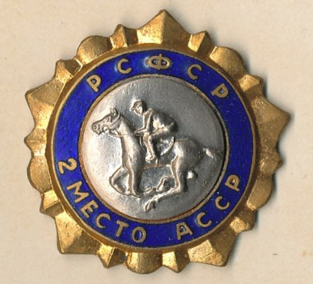 Ein goldenes und blaues Abzeichen mit einem Pferd und Reiter in der Mitte und Text drumherum.